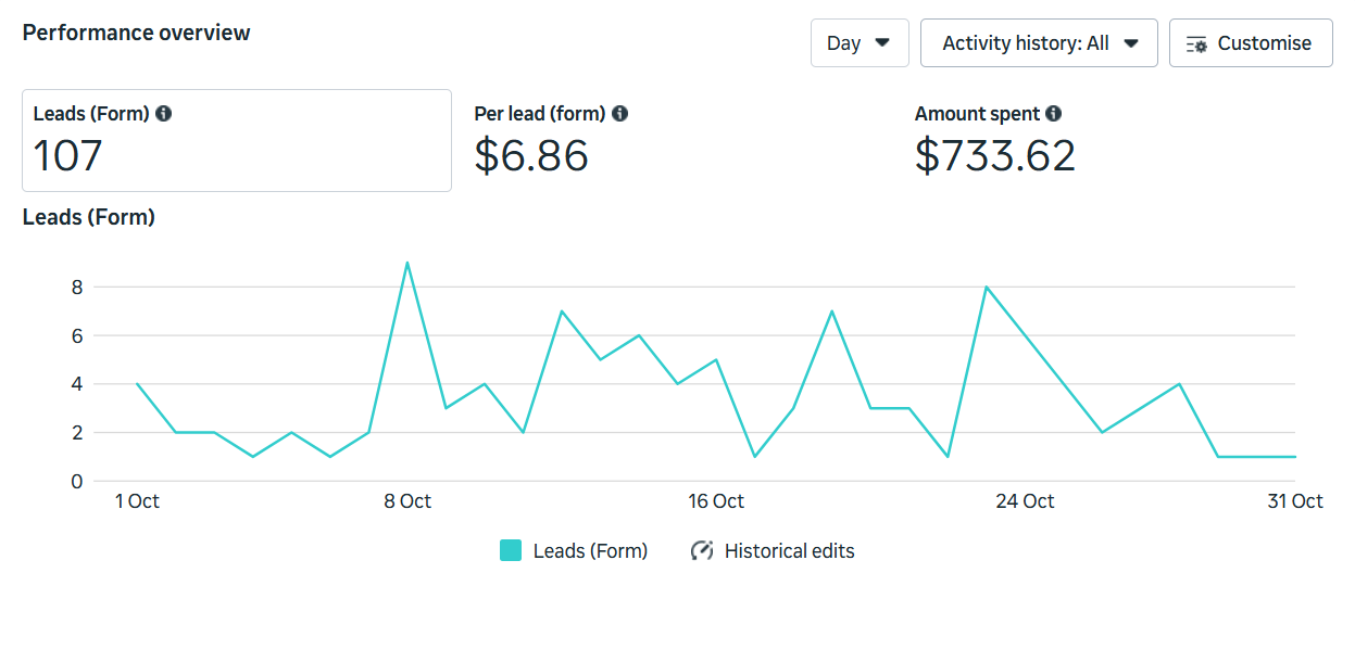 Meta Ads Manager: 107 leads at $6.86 per lead from $733 spend, October 2025